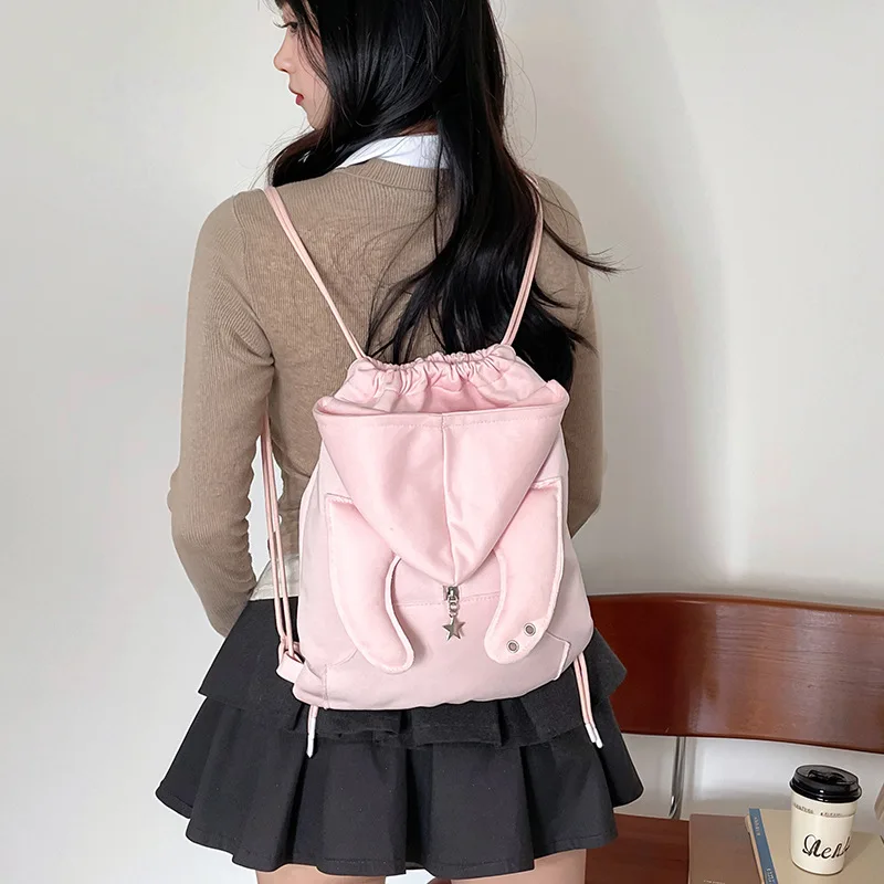 

Рюкзак с капюшоном из бычьего рога, большая вместимость, корейский стиль, дизайн с капюшоном, школьная сумка из хлопка и льна, однотонная сумка на шнурке для студентов