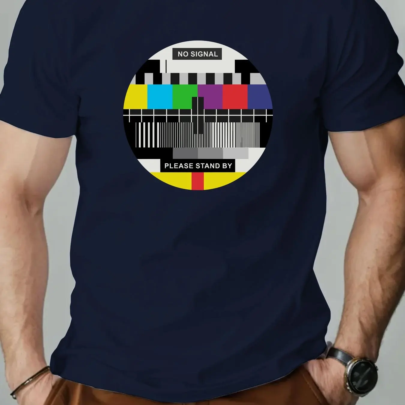 Men NO SIGNAL PLEASE STAND BY Graphic T-Shirt - Green with White Text Regular Fit Casual Summer Tee Round Neck