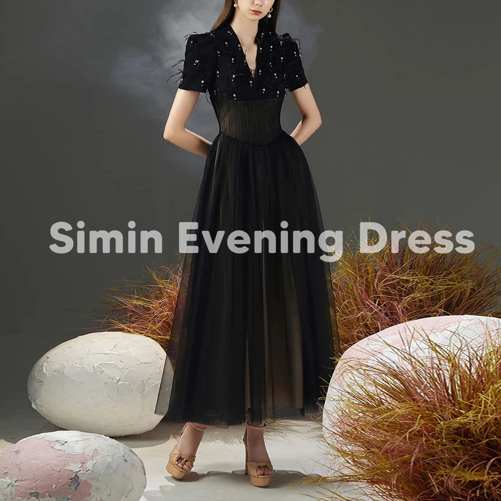 

Simin женские простые вечерние платья трапециевидной формы из тюля с v-образным вырезом и мехом из бисера и короткими рукавами длиной до щиколотки, вечерние элегантные платья 2025