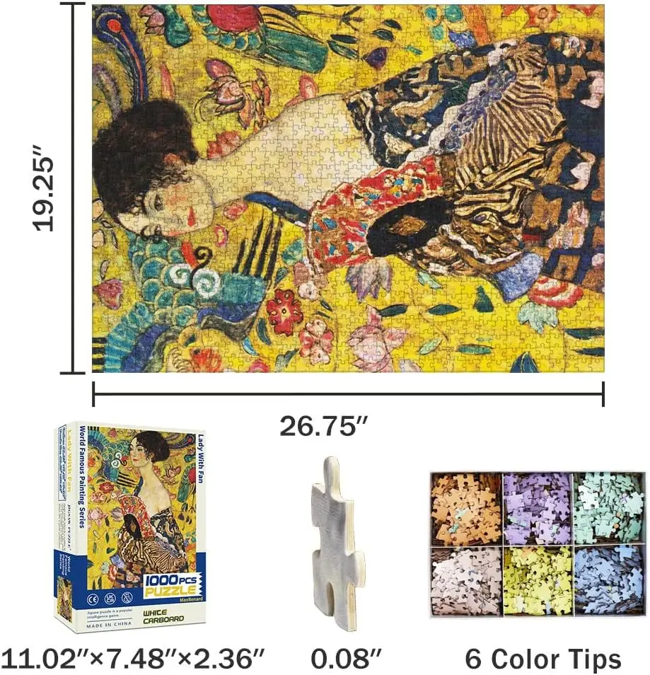 MaxRenard Game 1000 Pieces Jigsaw Puzzles World Famous Painting Puzzle Art Collection Toy Klimt Lady with Fan with Glue Sheets