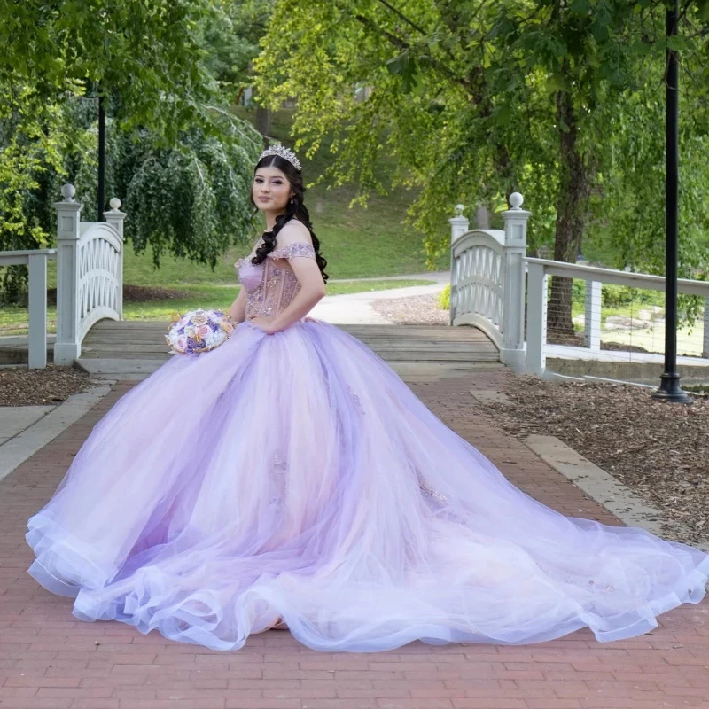 Vestido para quinceañeras con corsé rosa personalizado, apliques De encaje con cuentas y hombros descubiertos para niñas, 16 Vestidos De 15 anos YQD280 2023