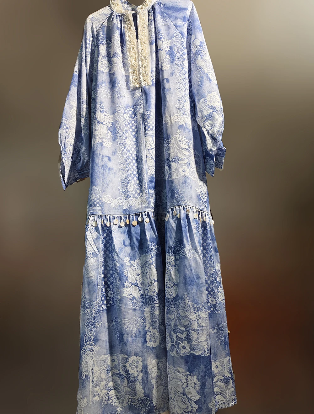 plus Size Vintage Blue Floral 3D Embellished Tassel Sequin Loose Midi Dress Women's Midi Dress Casual Elegant Gown