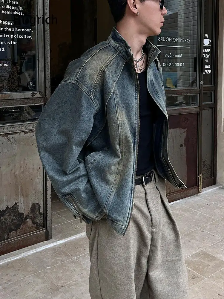 Distressed Antique Wash Zipper Cuff Spliced Oversized Loose Daily Skate Avant-Garde Casual Denim Jacket