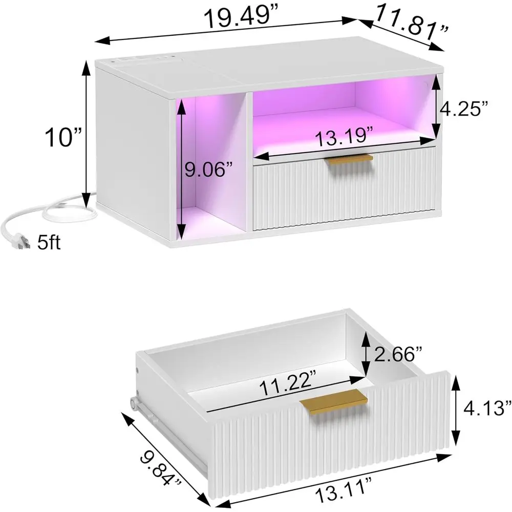 Mesa de cabeceira branca moderna com carregamento embutido e iluminação LED