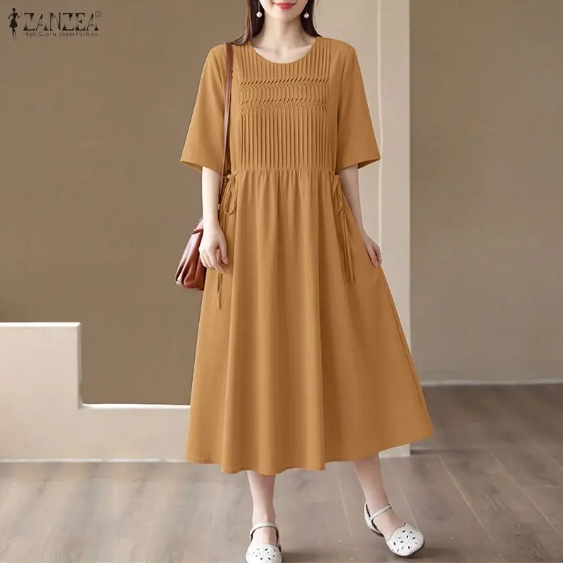 Women Elegant Office Work Dress Korean Style Pleated Drawstring Sundress ZANZEA Casual Loose A-Line Round Neck Vacation Vestidos