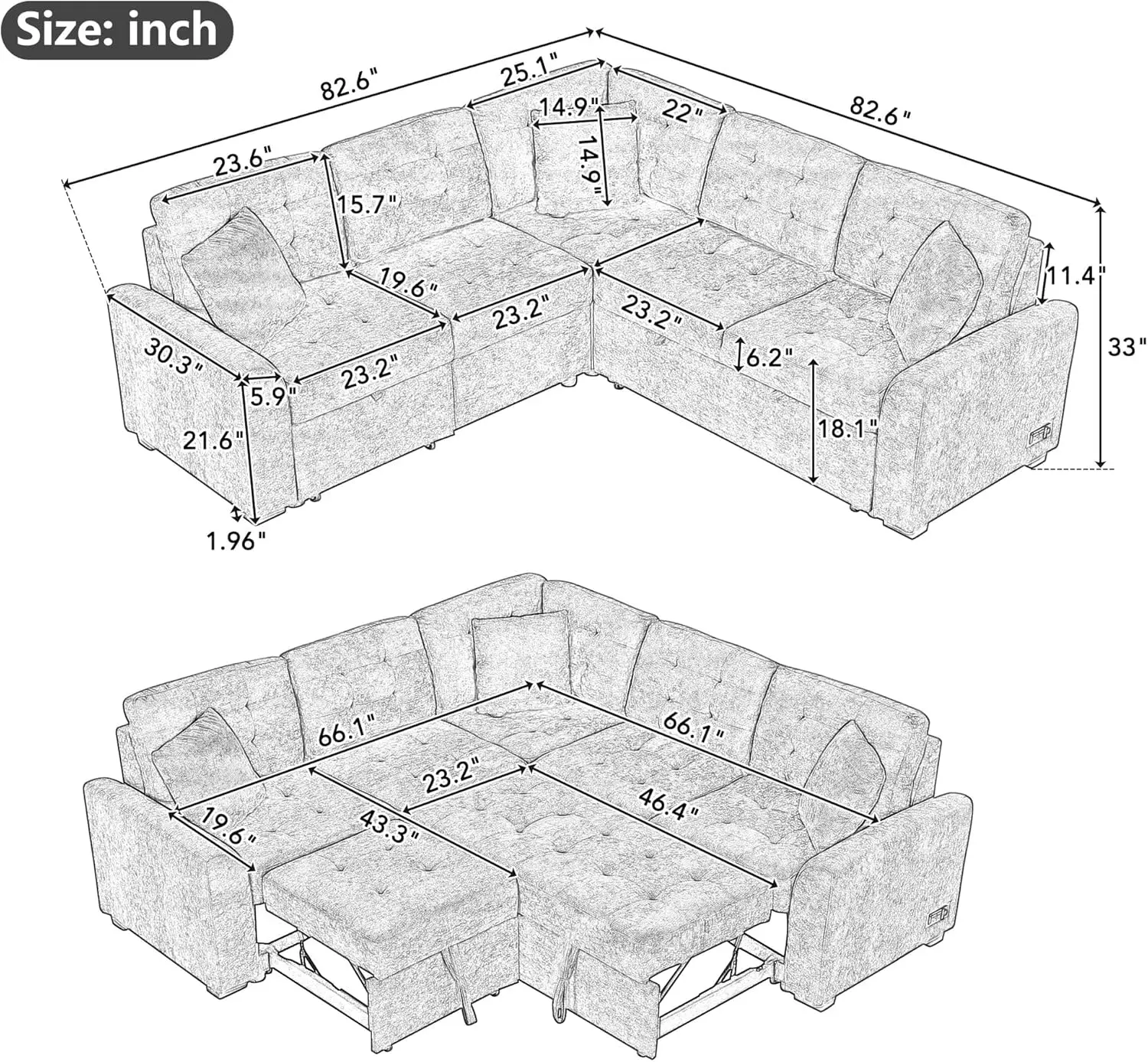 Merax Sofa Bed Sleeper Couch L Shaped Sofa with Pillows and USB Ports, L-Shape Sectional Couch with Comfortable Backrest and Pow