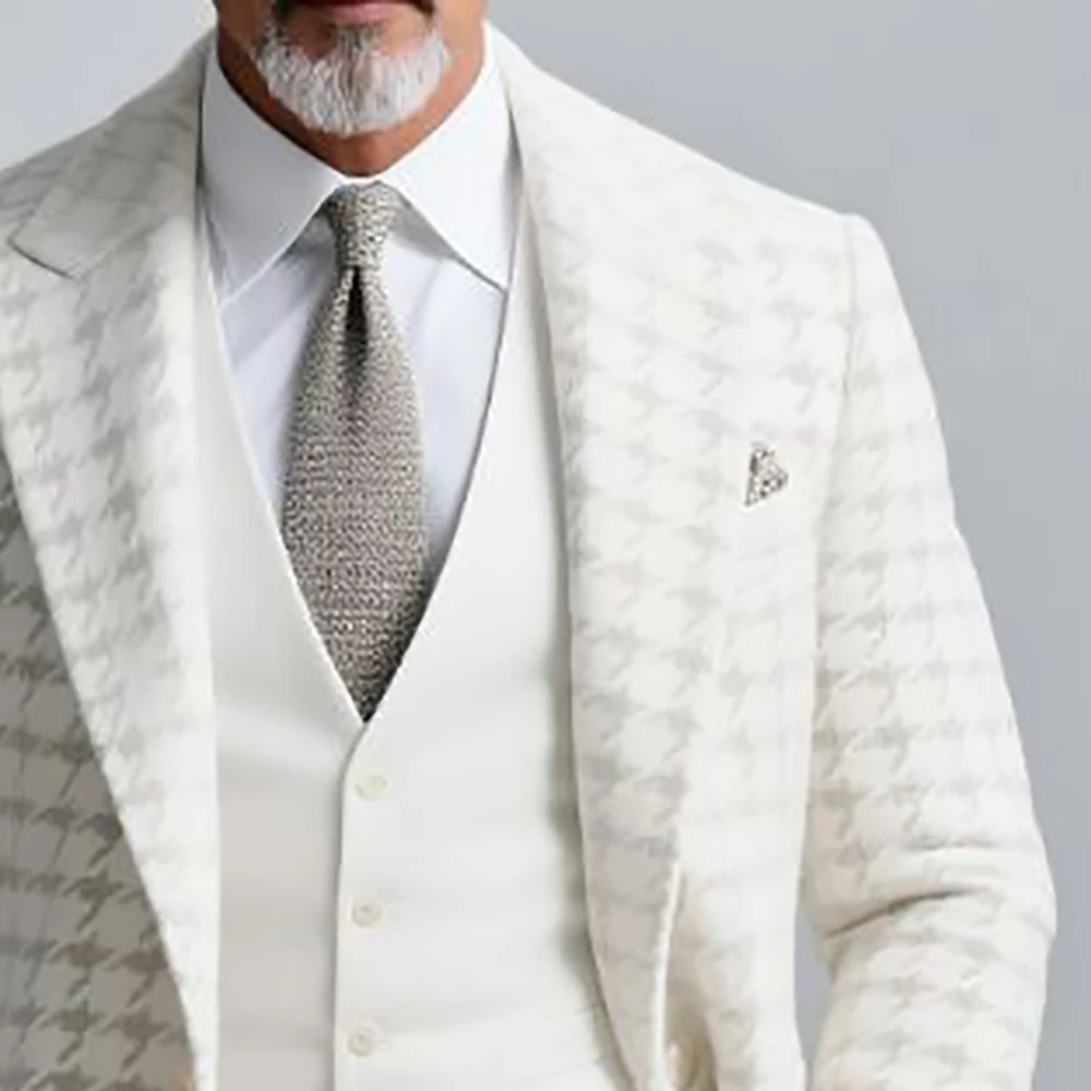 

Men's Houndstooth Lapel Blazer Jacket White Single-breasted Pocket Business Outerwear Long Sleeve Elegant Formal Suit Blazers