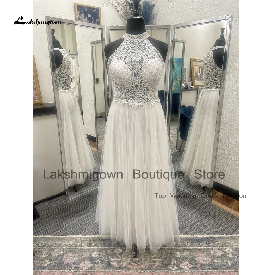 

Lakshmigown Luxury Lace Beach Wedding Dress Floor Length 2025 Vestidos Halter Boho Tulle Bridal Gowns Beading Bodice