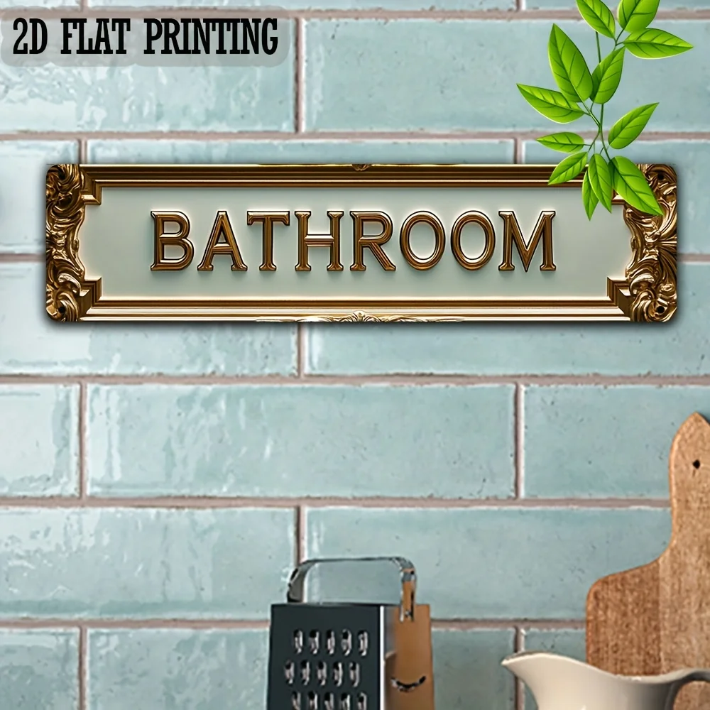 2D Flat - 2D Plane Retro Metal Bathroom Sign Wall Decor - Aluminum Plaque, 4.0X16.0 Inches, Gorgeous Golden Frame with Pink Hear
