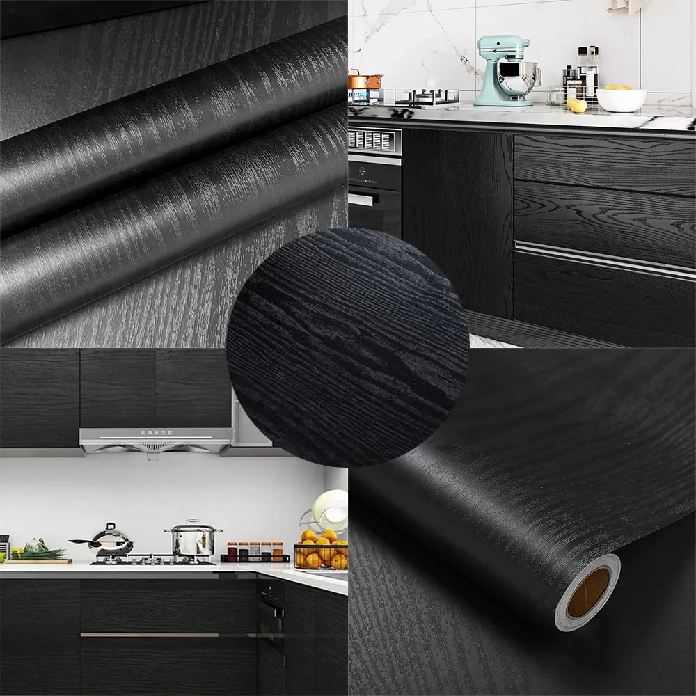 40cm Black Wood Grain Simple Waterproof Home Decoration Oil Resistant Kitchen Cabinet Kitchen Desktop Self-Adhesive Wallpaper