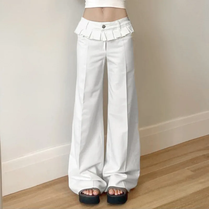 

Simple white waist and pleated fake two pieces of niche design wide-leg trousers hot girl wind low waist woven casual pants
