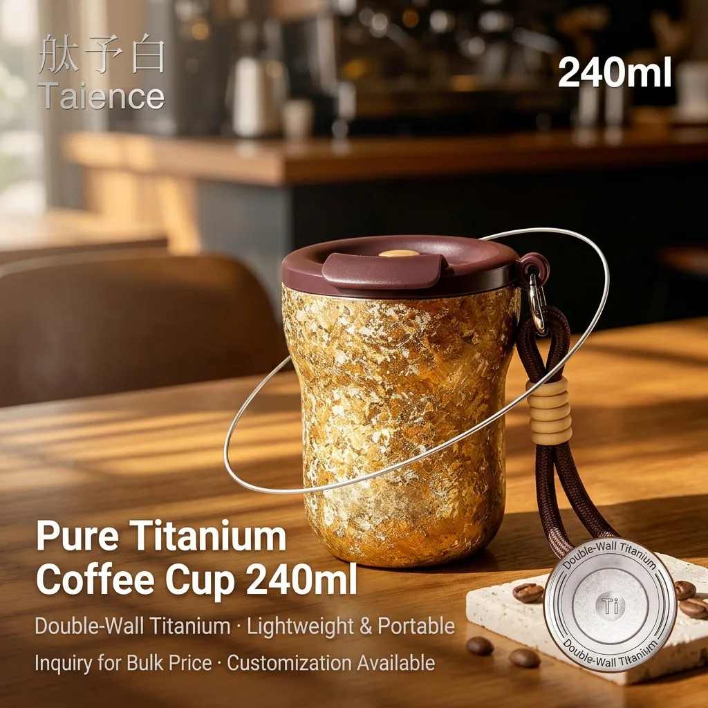Taience Titanium Coffee Cup 240ml Insulated Thermos with Press Lid Lightweight Portable 3 Colors for Travel Office
