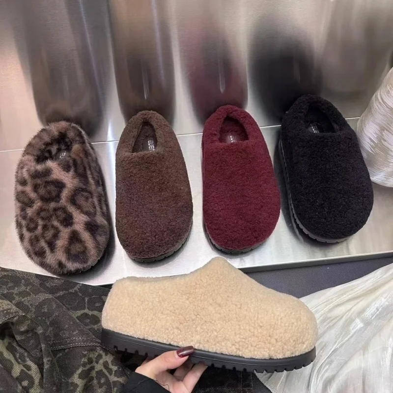 Leopard Platform Fur Slippers Women Home Cotton Shoes Winter Warm Casual Plush Mules 2024 Trend Flip Flop Woman Snow Botas Mujer