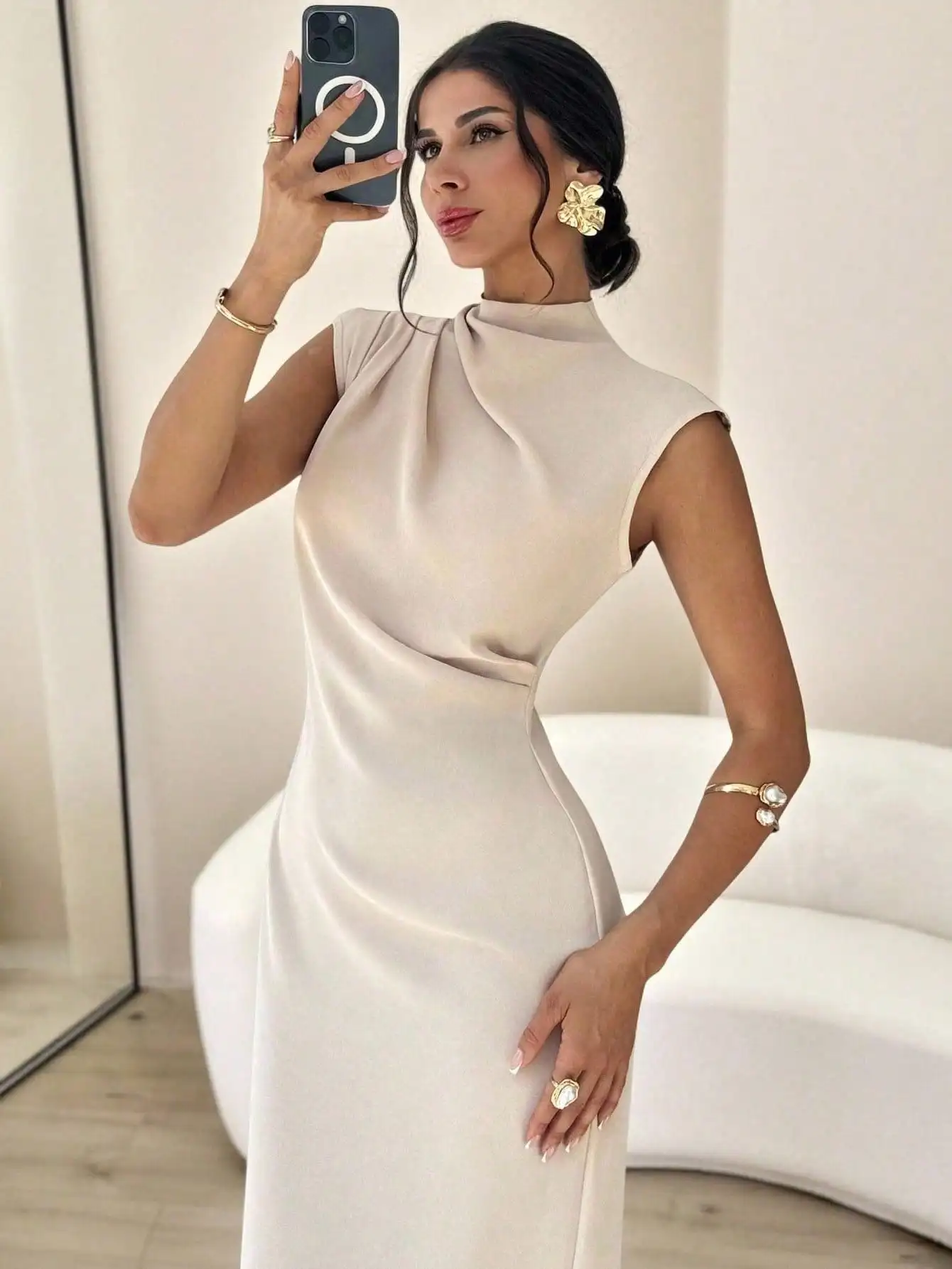 

Elegant Apricot Long Dress with Stand Collar & Drape Detail, Slim Fit for Wedding Guest or Summer Events