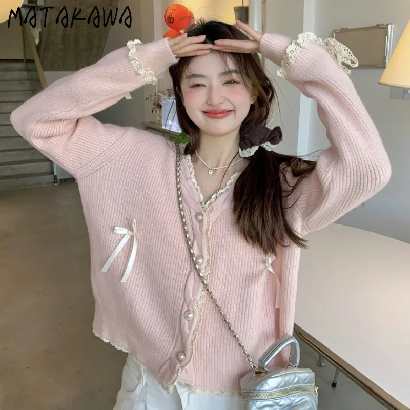 Matakawa Pink Cardigans Bows V Neck Korean Fashion Autumn Winter Solid Sweet Women Sweaters Lace Patchwork Cute Sueteres