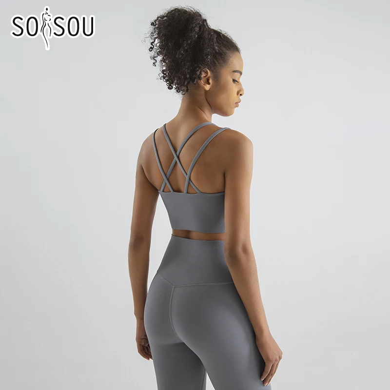 SOISOU-conjunto de Yoga de nailon para mujer, chándal de Fitness, conjunto de dos piezas, sujetador deportivo, Leggings, ropa deportiva transpirable