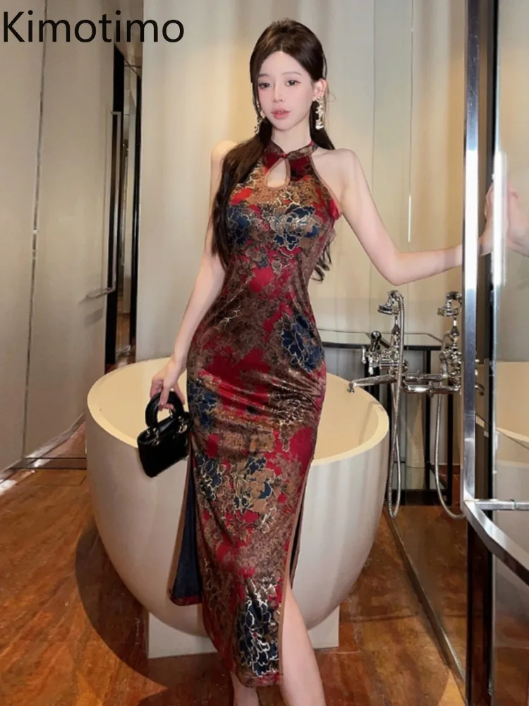 Kimotimo Party Dress Women New Chinese Halter Printed Split Wrapped Qipao Dresses Vintage Sexy Slim Sleeveless Evening Vestidos