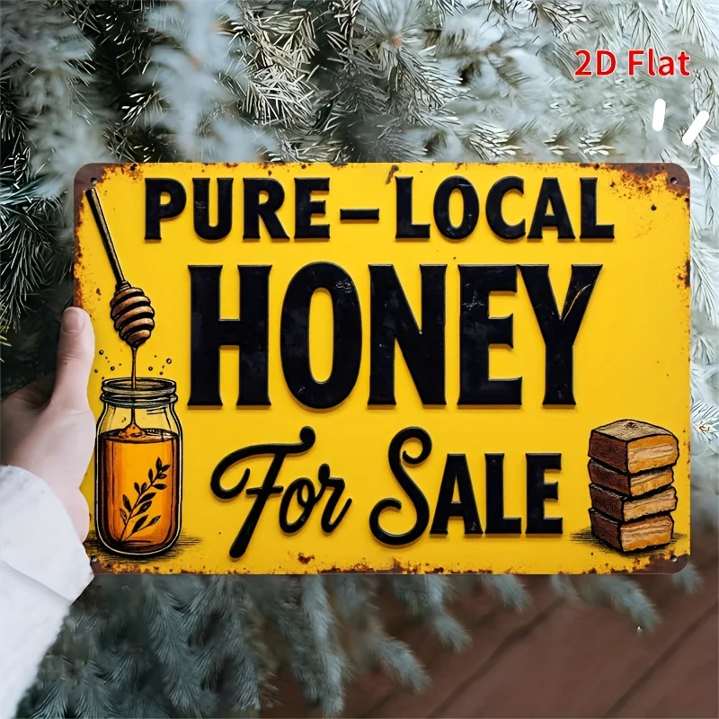 Vintage/tin Sign - ironwork 11.81X7.87. Yellow background with rust patterns and honey advertisement, the words 