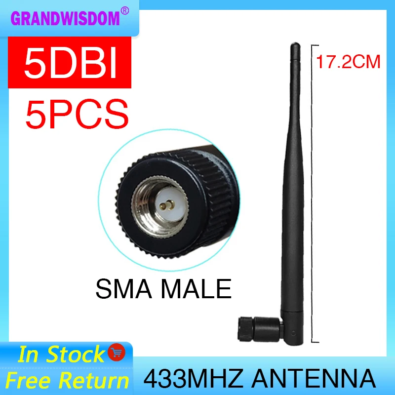 

GRANDWISDOM 5pcs 433mhz antenna 5dbi sma male lora antene pbx iot module lorawan signal receiver antena high gain