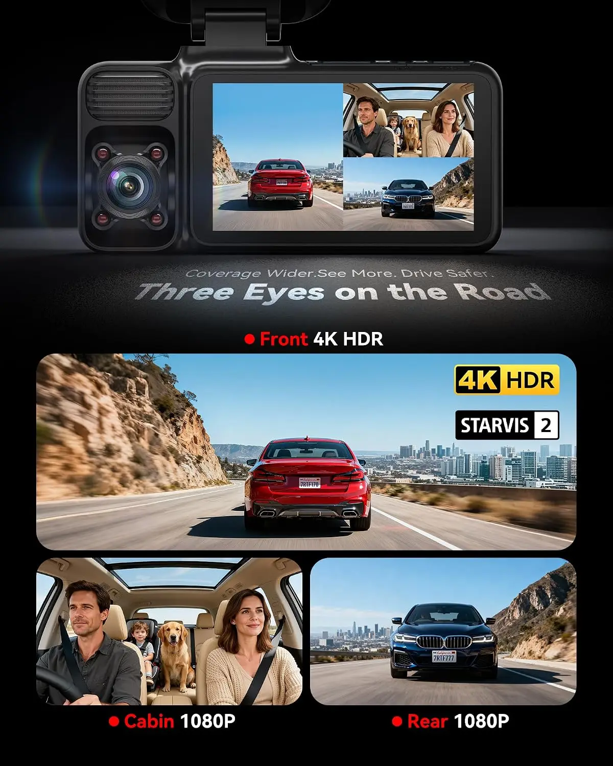 Dash Cam 4K 3CH STARVIS 2 Sensor HDR 64GB Card 5 8GHz WiFi 2160P 1080P2 Front Inside Rear 4 IR Night Vision G Sensor GPS Trackin