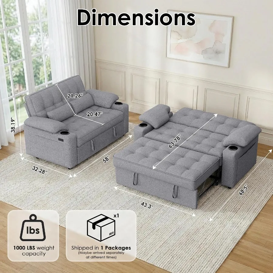 58'' Convertible Sofa Bed with USB Charger and Cup Holders, Teddy Fabric Loveseat Pull Out Couch with Adjustable Backrest and S