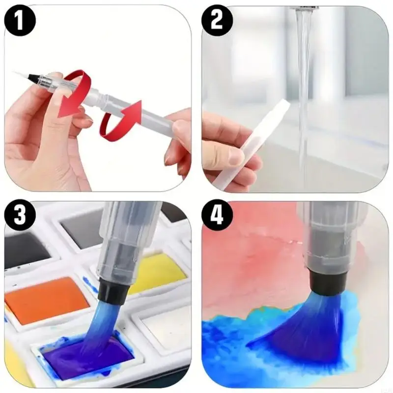 U2JE 6Pcs Refillable Water Brush Pen Flat/Point Tip Painting Water Brush Pen for Kid Adult Watercolor Gouache Painting