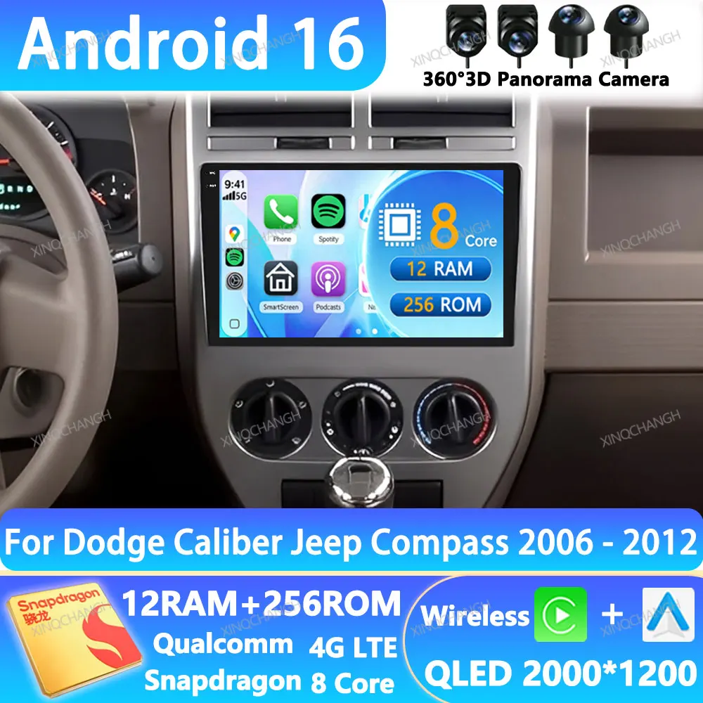 Android 16 Car Radio For Dodge Caliber Jeep Compass 1 MK Patriot 2006 - 2010 GPS Head Unit Navigation BT QLED 4G WIFI Qualcomm