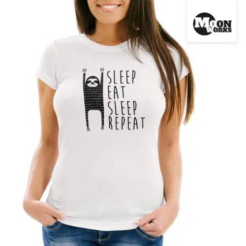 Damen T-Shirt "Sleep Eat Sleep Repeat" Faultier Spruch Fun-Shirt Moonworks®