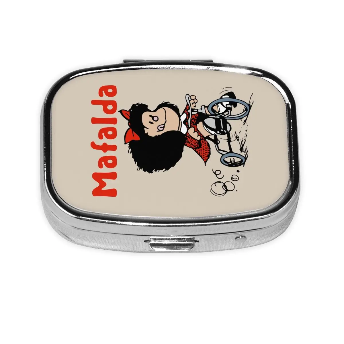 

Custom Mafalda Bicycle 3 Wheels Square Pills Box Quino Manga Cartoon Mini Metal Pill Container Medicine Box Dispenser