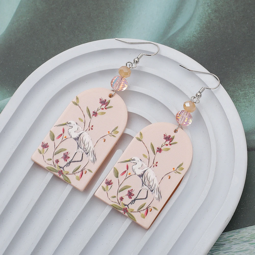 New Fashion Cute Water Bird Print Geometric Arch Acrylic Earrings For Women Trend 2024 Aesthetic Casual Dangle Drop Jewelry