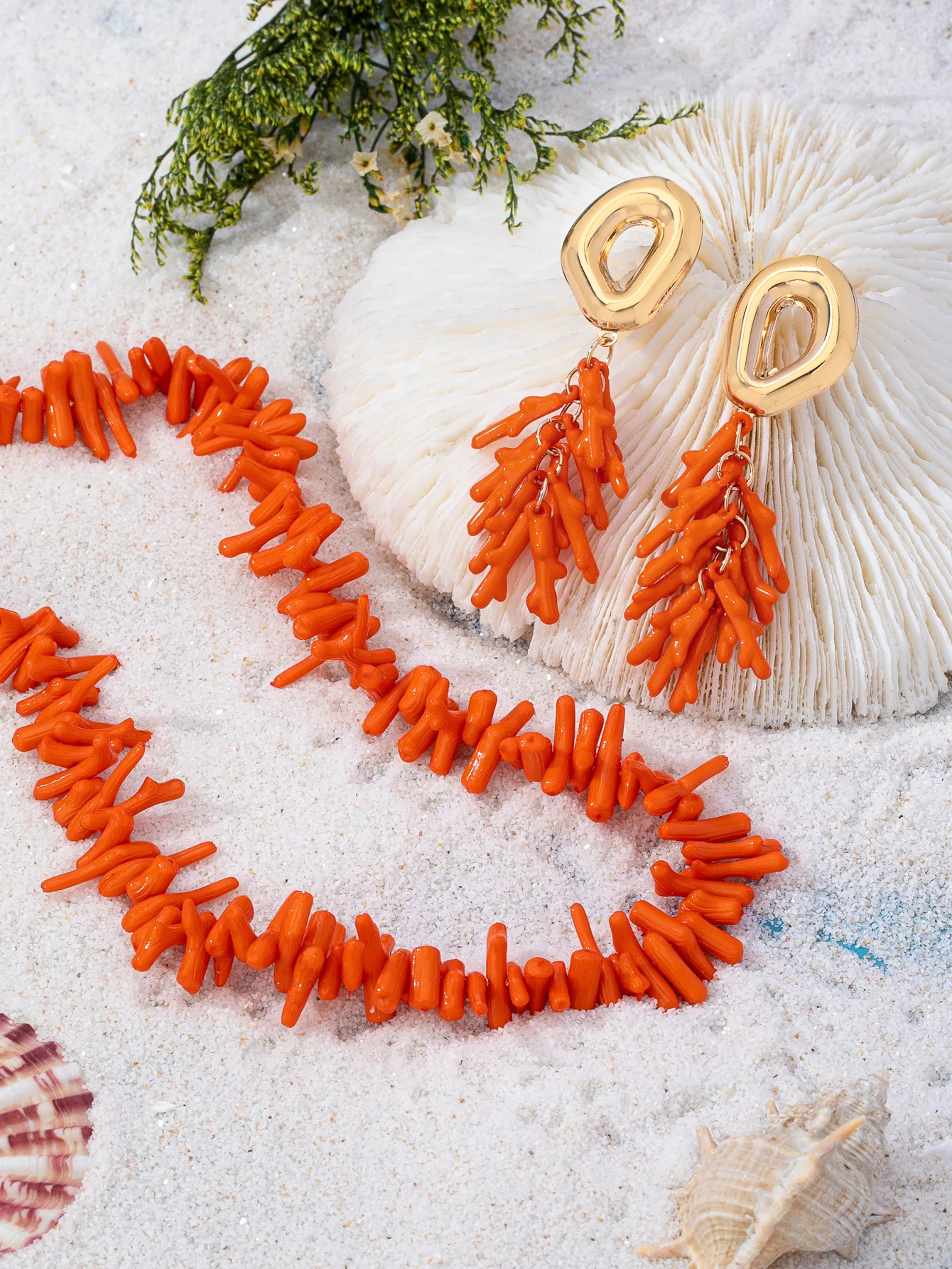 Vintage Bohemian Künstliches Korallenzweig-Schmuckset Unregelmäßige Korallenperlen-Halskette Lange Quasten-Ohrringe Damen Sommer Strand Urlaub Accessoires – Detail 11