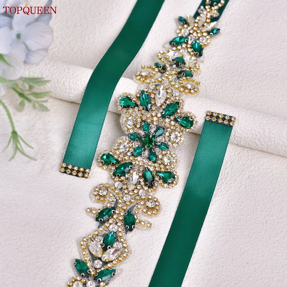 TOPQUEEN Bridal Wedding Dress Belt Gold Handmade Luxury Sash Accessories Women Daily Evening Party Gown Green Rhinestone S12-KL