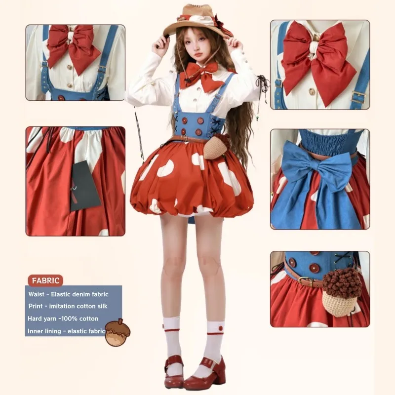 Cute Denim Strap Dress Red Mushroom Flower Bud Skirt Polka Dot Strap Skirt With Pineapple Crossbody Bag