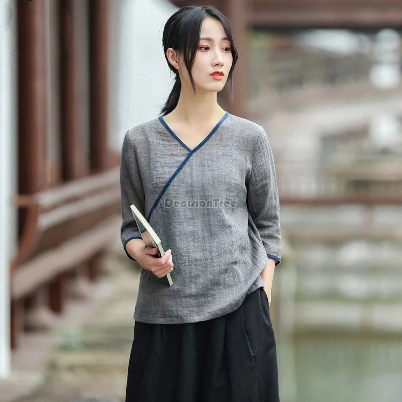 

2024 han element retro chinese style cotton linen top improved v-neck simple leisure daily hanfu top literature art zen garment