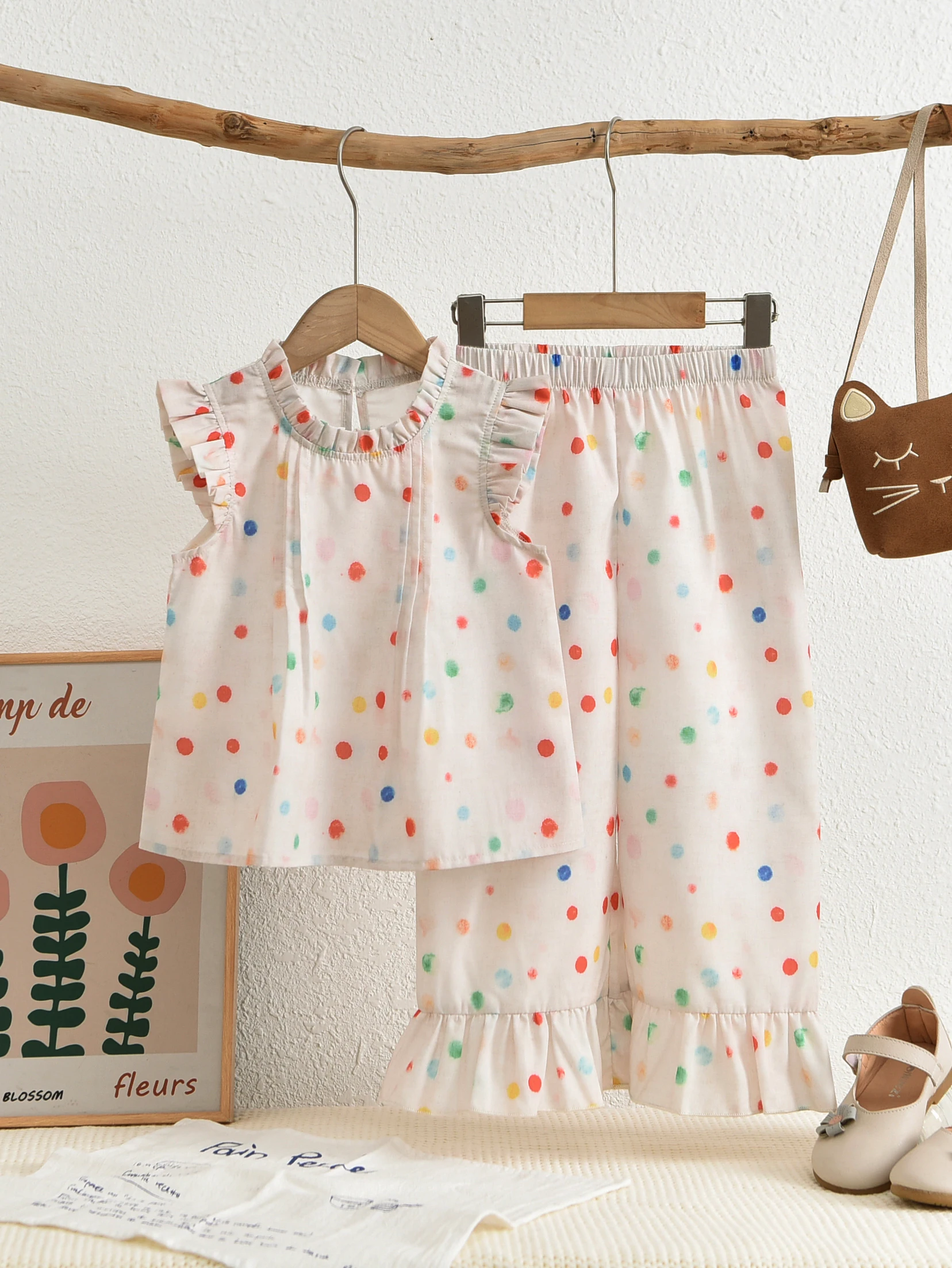 

Summer Girls' Suits Multicolored Polka Dot Print Top Vest+Pants 2 Piece Set Cute And Casual Kids' Clothing Sets Two-piece Set