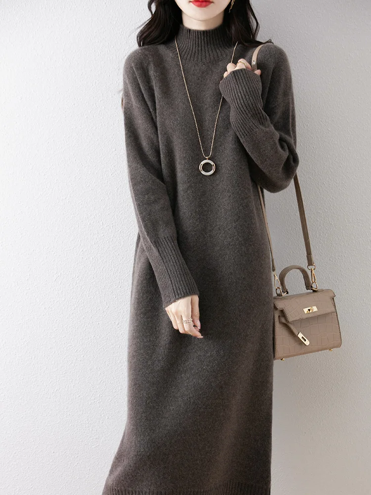 

Autumn Winter 100% Merino Wool Knitting Cashmere Straight Long Sweater Thick Women's Wool Dress Mock-neck Pullover Skirt