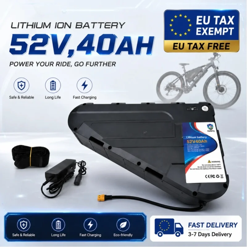 Leistungsstarker 52V Dreieck-Ebike-Lithium-Akku 20AH 30AH 40AH Wasserdichtes Hartschalen-Gehäuse Schneller Transport Große Kapazität Batterie für 350W 500W 750W 1000W Fahrradmotor-Akku