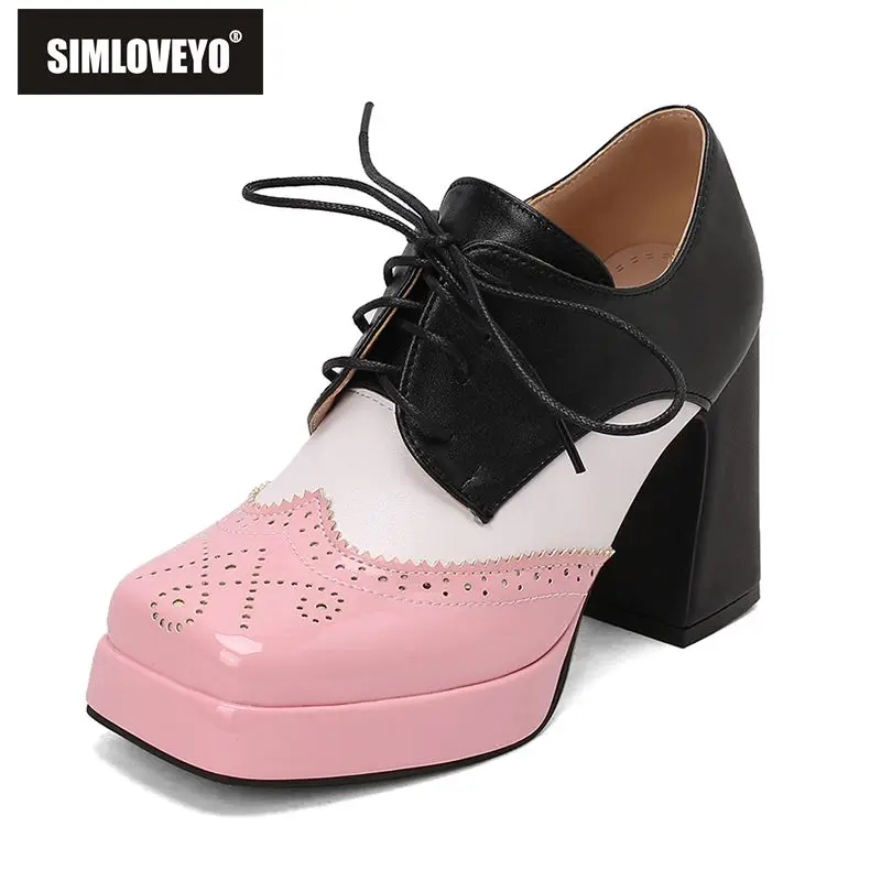 

SIMLOVEYO Women Pumps Square Toe Block Heels 9.5cm Platform 2.5cm Lace Up Mixed Color Large Size 46 47 48 Fashion Dating Shoes