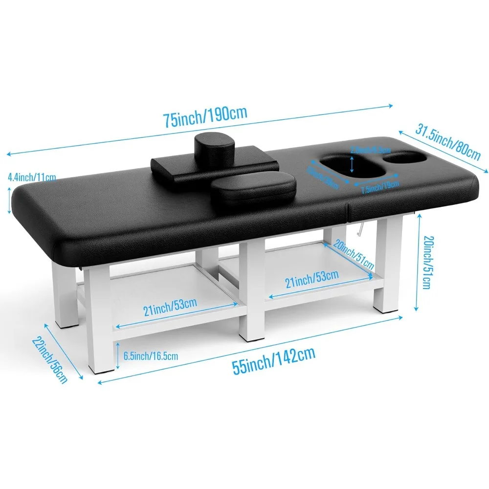 Pouseayar Metal Frame Wide Stationary Massage Table for Treatment Table Physical Therapy Table Spa Facial Bed, PU Leather