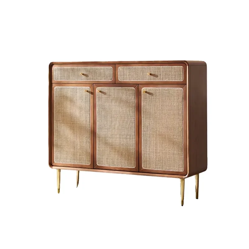 Modern Retro Solid Wood Rattan Shoe Cabinet Entryway Storage Locker Vintage Hallway Organizer Furniture