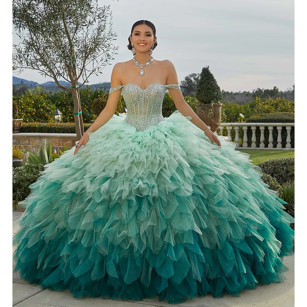 STEVDITG Multi-color Tulle Pleated Wedding Dress Exquisite V-Neck Off the Shoulder Sequined Ball Gown Sweep Train Bride Dress