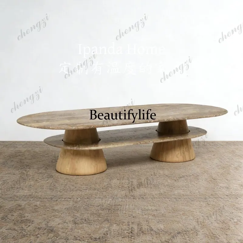 Medieval oval double-layer travertine coffee table French retro high-end solid wood home living room