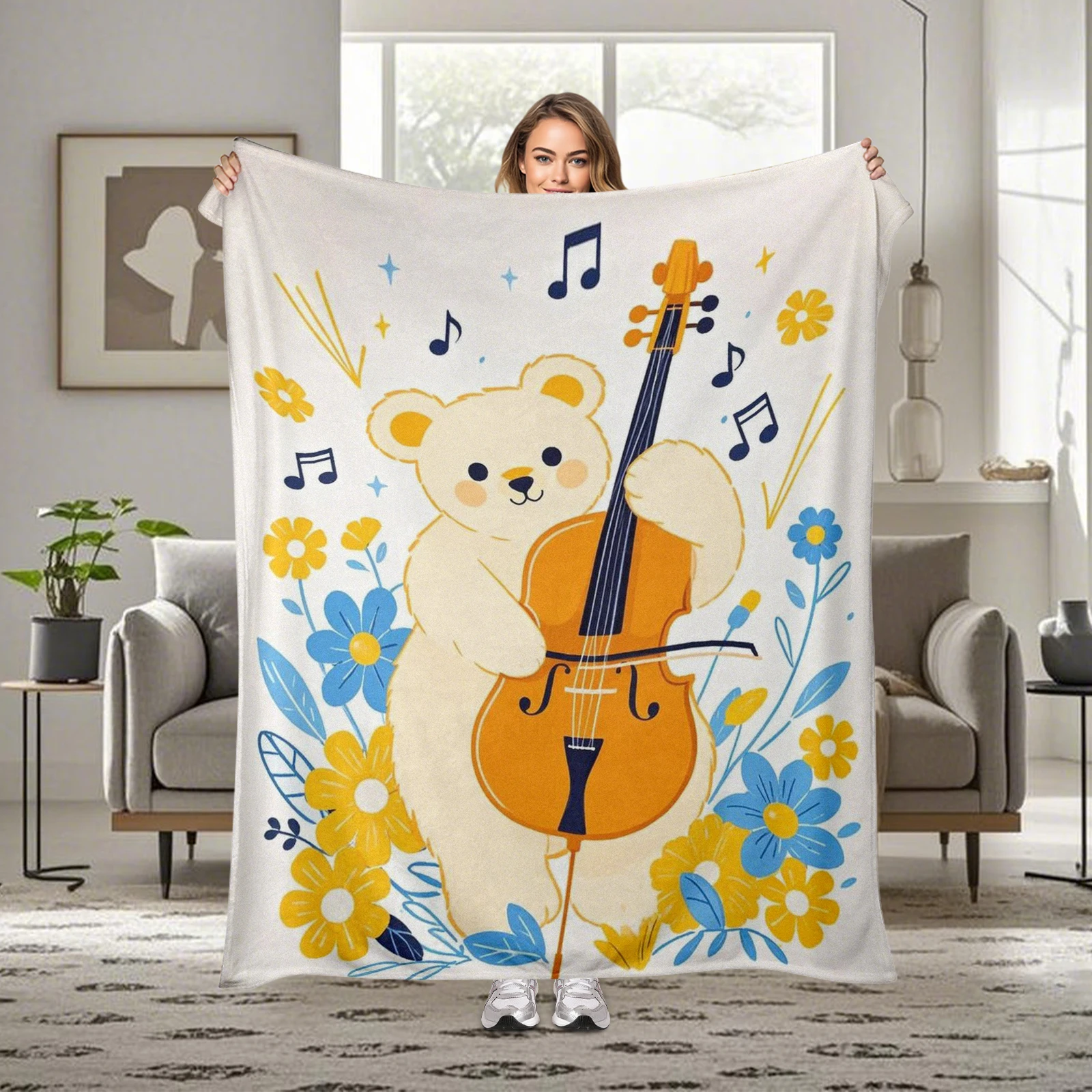 Adorable Cartoon Bear With Cello Blanket Perfect For Bringing Warmth During Music Festivals