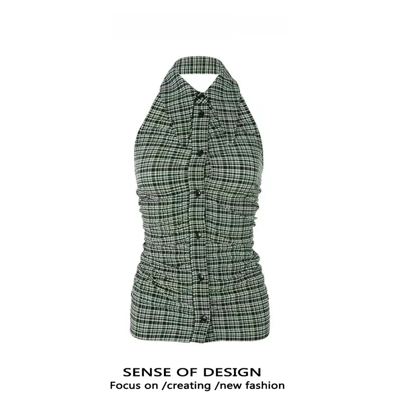 Retro kraag geruite svel hangende ne irt damesknop sexy meisje zonnebrandcrème top ort vest strapl