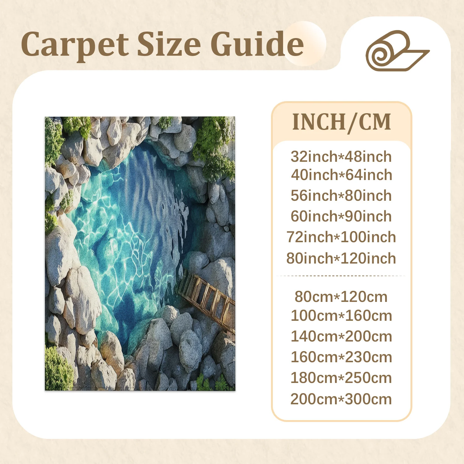 Large Indoor Area Rug, Soft Velvet Low Pile with Non-slip Dotted Backing, Machine Washable 3D Turquoise Water & Natural Stone Pattern, for Living Room Bedroom Entryway Decor