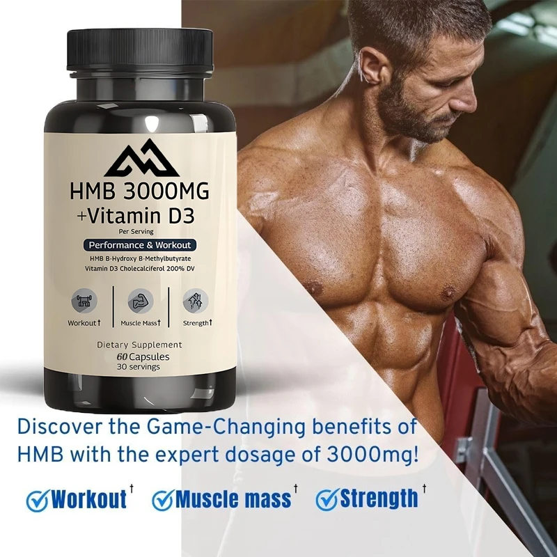 HMB 3000mg and vitamin D3 (1600 IU) supplements promote muscle growth and recovery -60 vegetarian capsules 30 servings