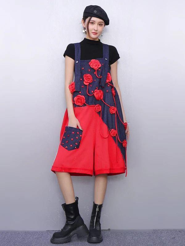 

Design Sensation Denim Overalls Women's Color Blo 3D Flower Decoration Loose Slimming One-Piece Cotton Blend Fabric