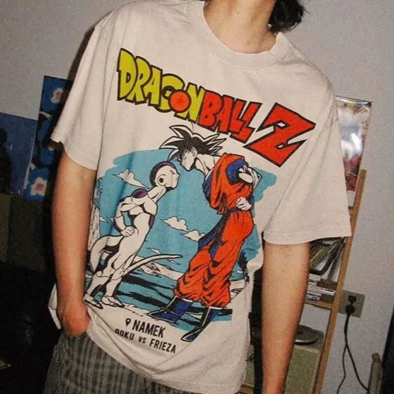 

Japanese Dragon Ball Namek Battle Washed Distressed Retro American Heavyweight Cotton Short Sleeve Goku VS Freeza