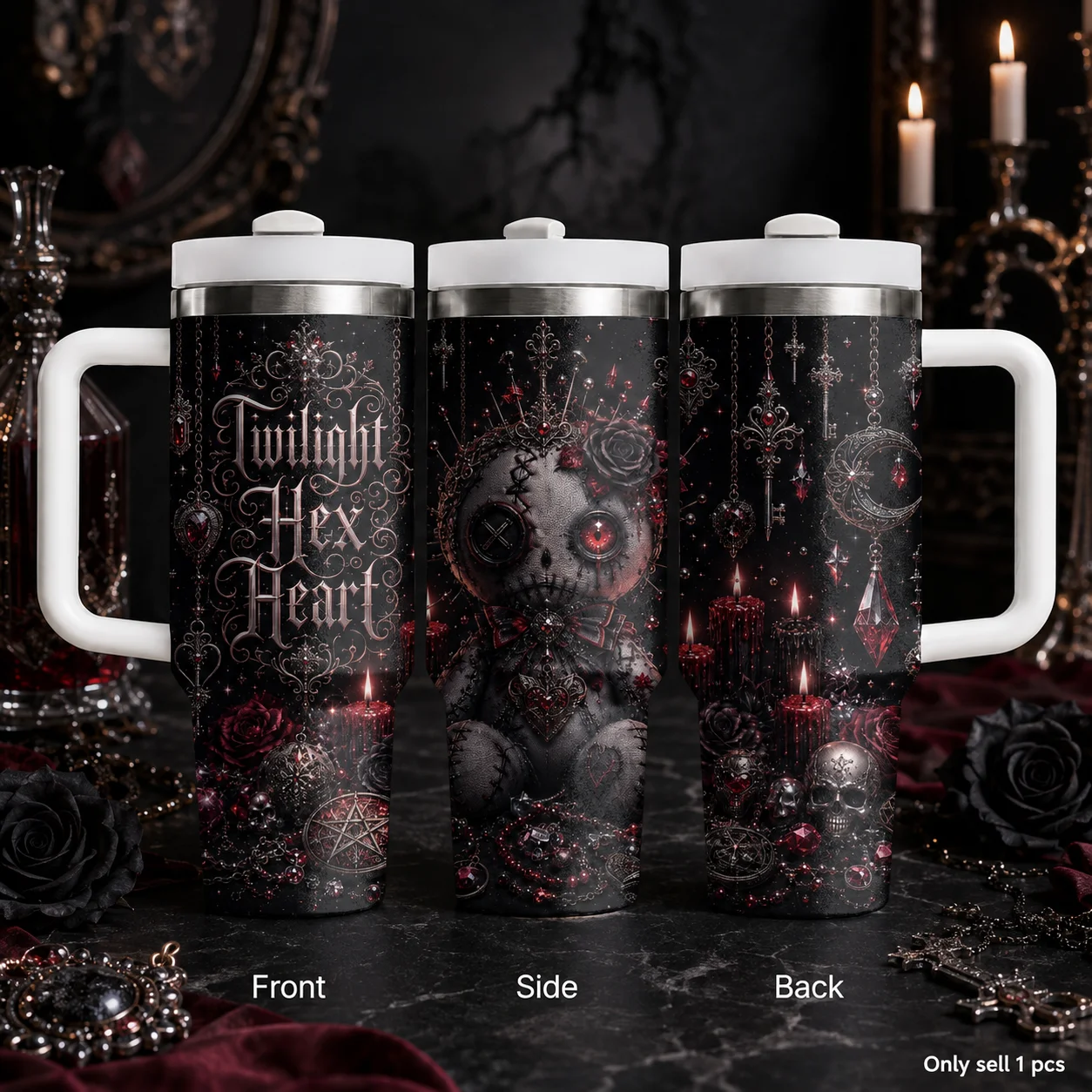 Midnight Doll Charm Gothic Magic Vacuum Flasks 40oz Stainless Steel Insulated Tumbler With Handle & Straw Leakproof Travel Mug