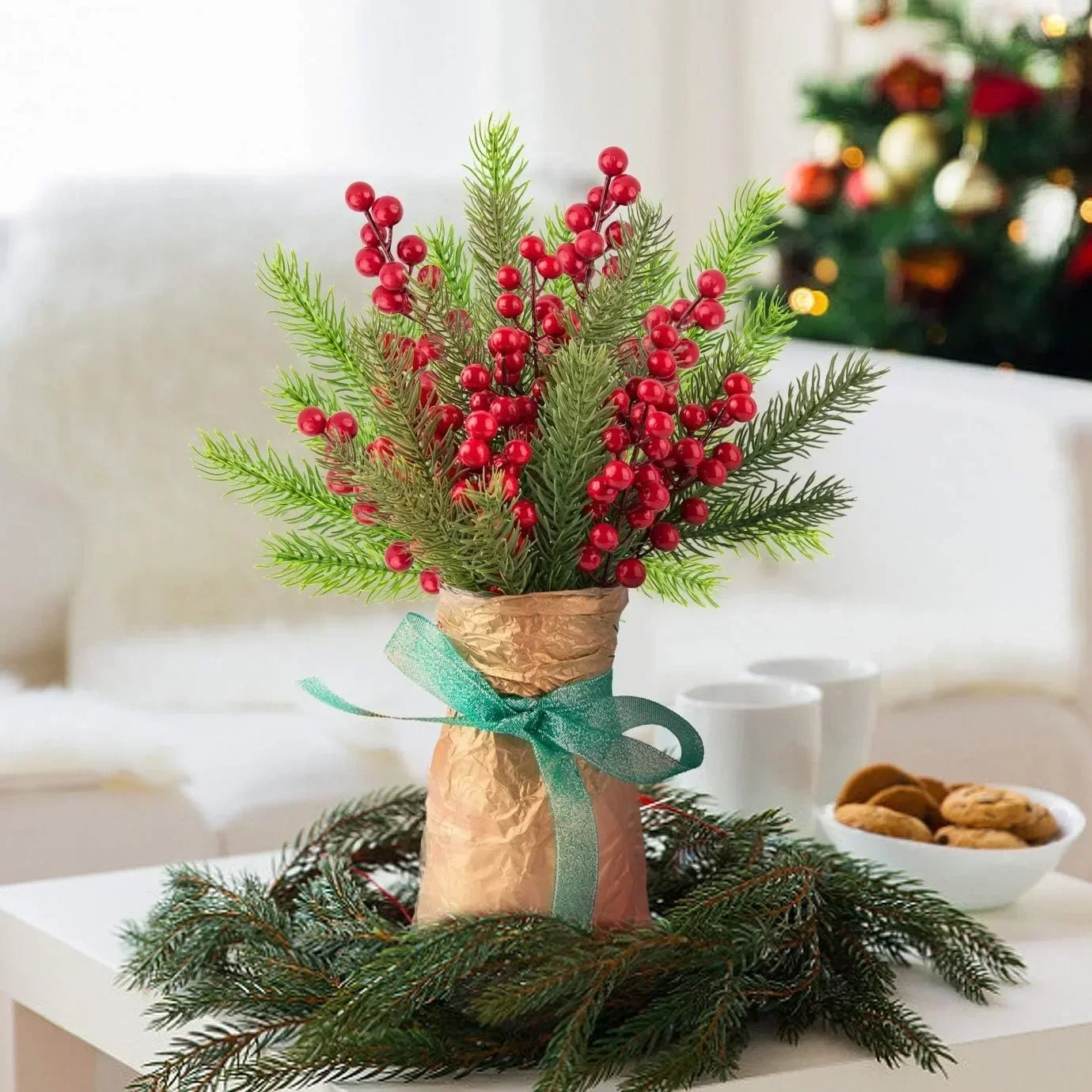 クリスマス用の人工松の枝,10個,ホリーベリー,赤いベリーの枝,木の花輪,ギフトの装飾